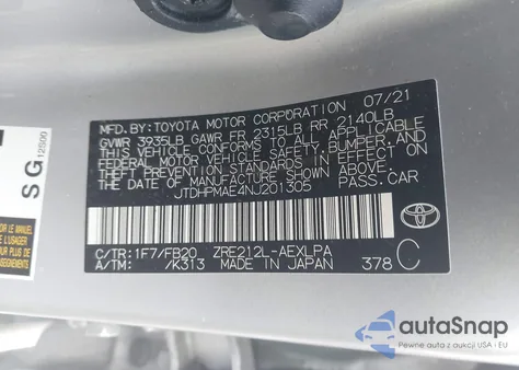 2022 Toyota Corolla Le from USA, damaged, VIN JTDHPMAE4NJ201305